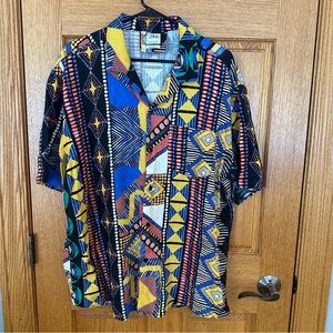 ZARA Man Size L Geometric Print linen Button Up Shirt , Retro 90s Style